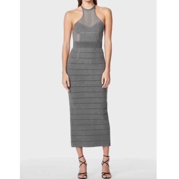 Herve Leger Textured Sheer Bustier Halter Gown Bandage Dress Silver Gray size L - Picture 1 of 15